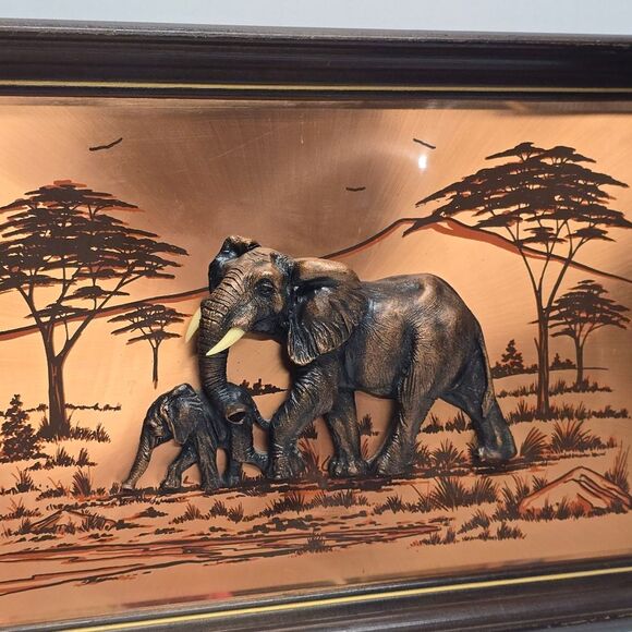 John Louw Signed 3D Copper Wall Art African Elephant Momma With Baby 19.5x13.5” - Picture 2 of 8